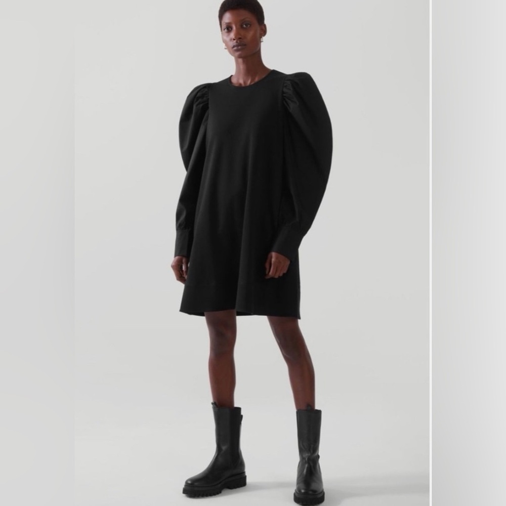 COS Puff Long Sleeve A Line Dress Size Large, Black Knee Length Cotton Jersey